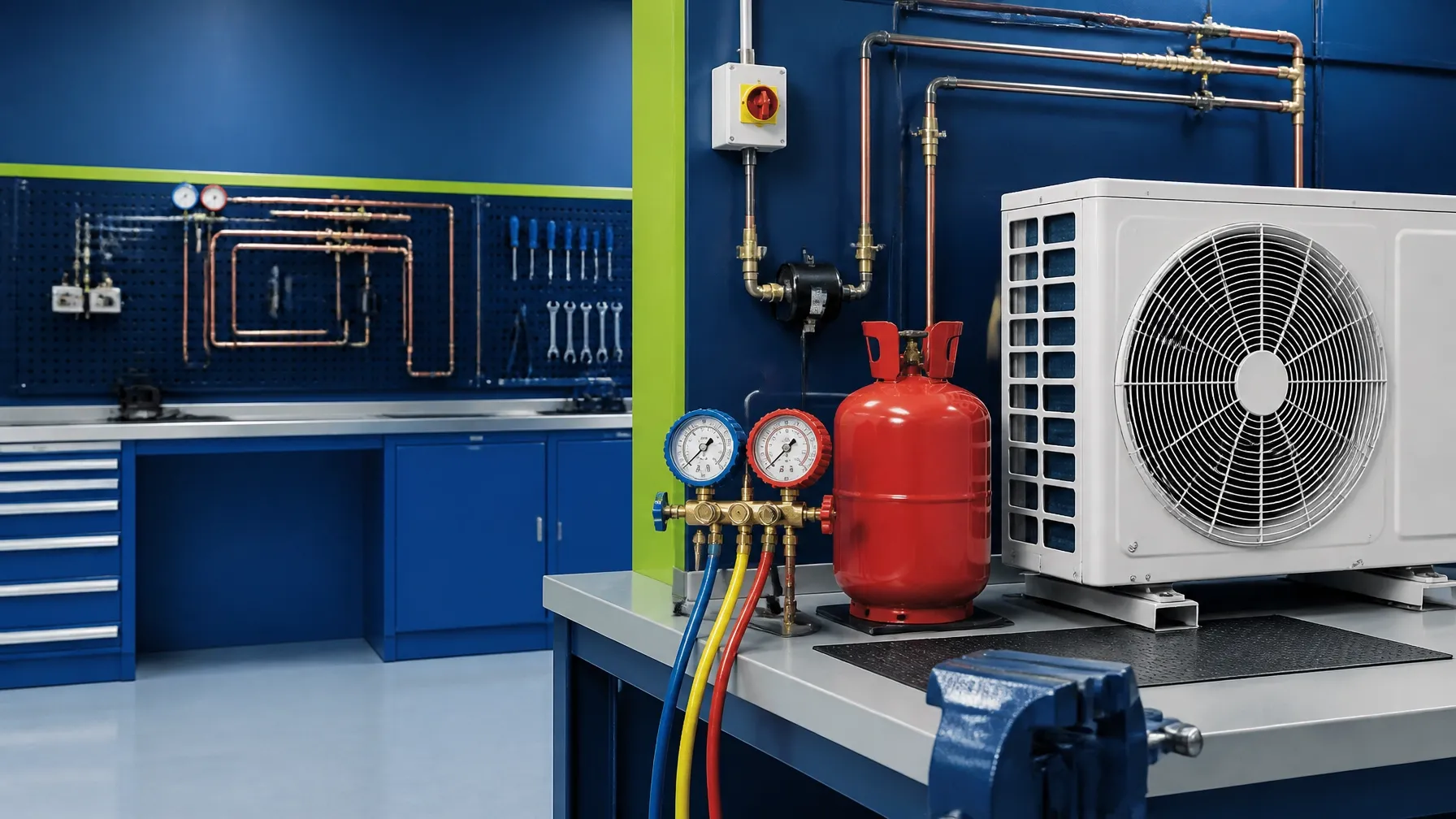 Refrigerant cylinder, pressure gauges, copper pipework and heat pump equipment in a technical training workshop