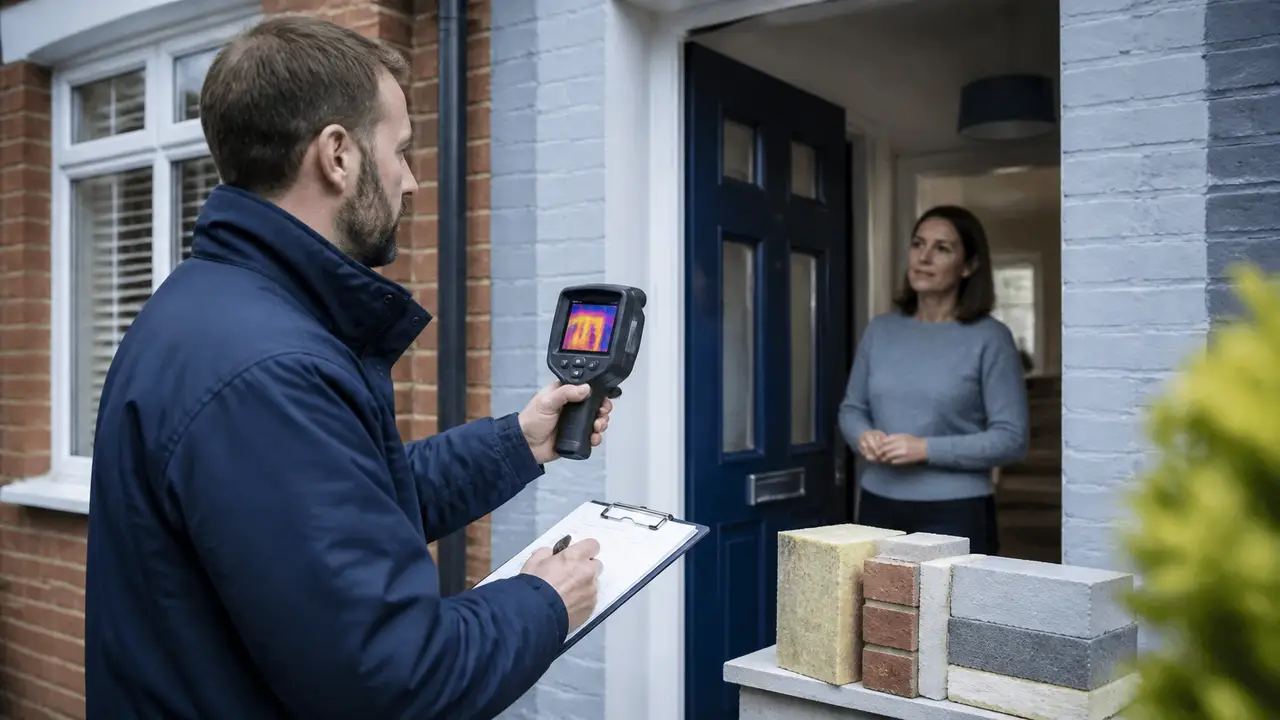 Retrofit assessor carrying out a domestic energy survey with a clipboard and inspection equipment