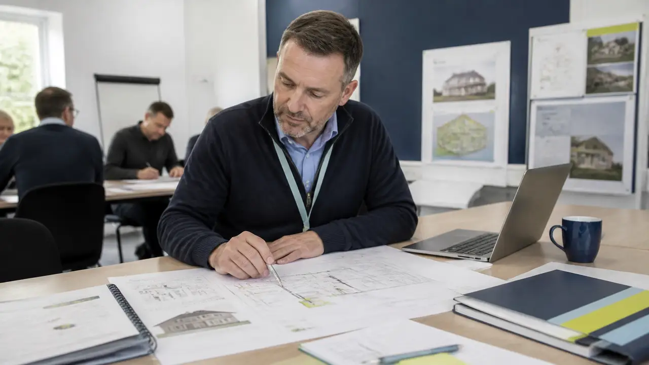 Retrofit coordinator reviewing a whole-house improvement plan and PAS 2035 project paperwork
