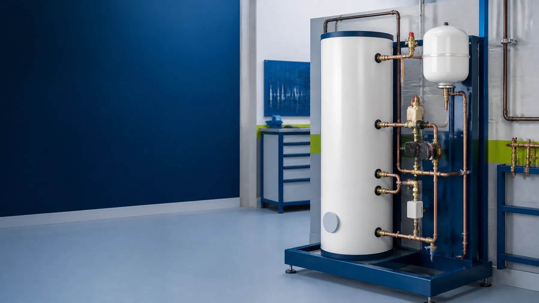Unvented hot water cylinder, expansion vessel and safety controls on a plumbing training rig